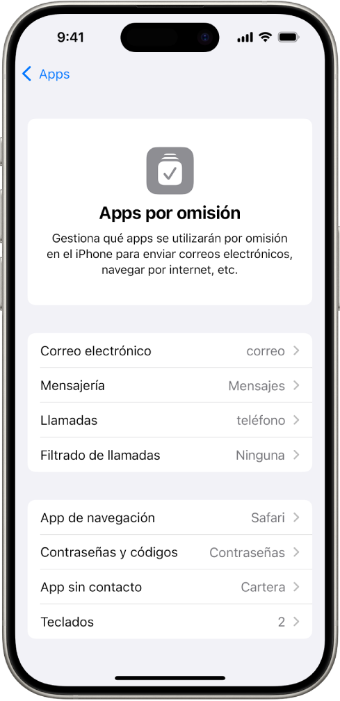 Pantalla para cambiar las apps por omisión para enviar correos electrónicos, navegar por internet, etc.