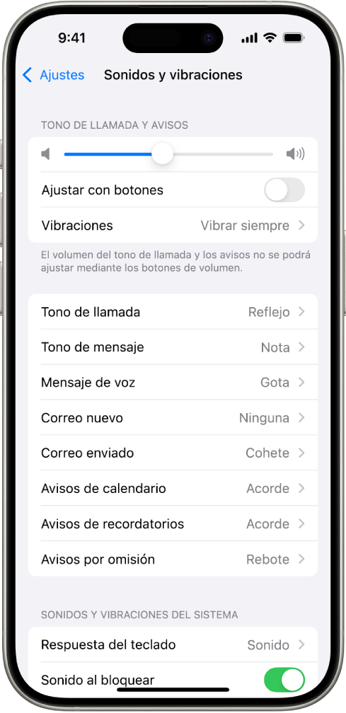 Pantalla “Sonidos y vibraciones” en Ajustes. Las opciones en pantalla, de arriba abajo, son: “Audio de los auriculares” y “Audición segura con auriculares”, “Volumen del tono de llamada y los avisos” con un regulador para ajustar el volumen y la opción para cambiar el volumen con botones, y “Sonidos y secuencias de vibración”, que incluyen “Tono de llamada” y “Tono de mensaje”.