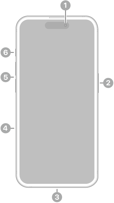 La vue de face de l’iPhone 15 Pro. La caméra avant se trouve en haut au centre. Le bouton latéral est situé sur le côté droit. Le connecteur USB-C se trouve en bas. Sur le côté gauche, de bas en haut, se trouvent le support pour carte SIM, les boutons de volume et le bouton Action.