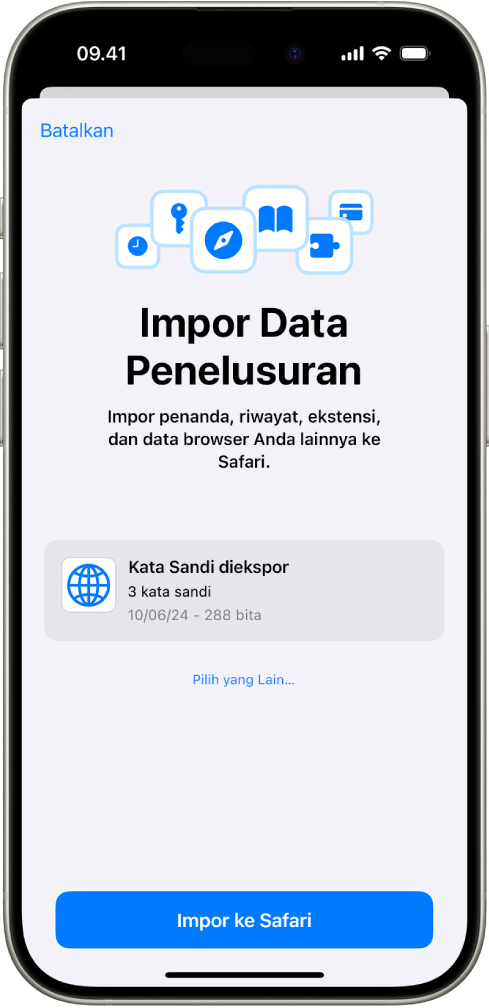 Layar Impor Data Penelusuran, yang menampilkan file CSV kata sandi dari pengelola kata sandi lain yang akan diimpor.