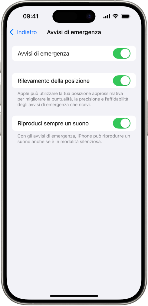 La schermata di “Avvisi di emergenza” con le opzioni “Avvisi di emergenza”, “Rilevamento della posizione” e “Riproduci sempre un suono” attivate.
