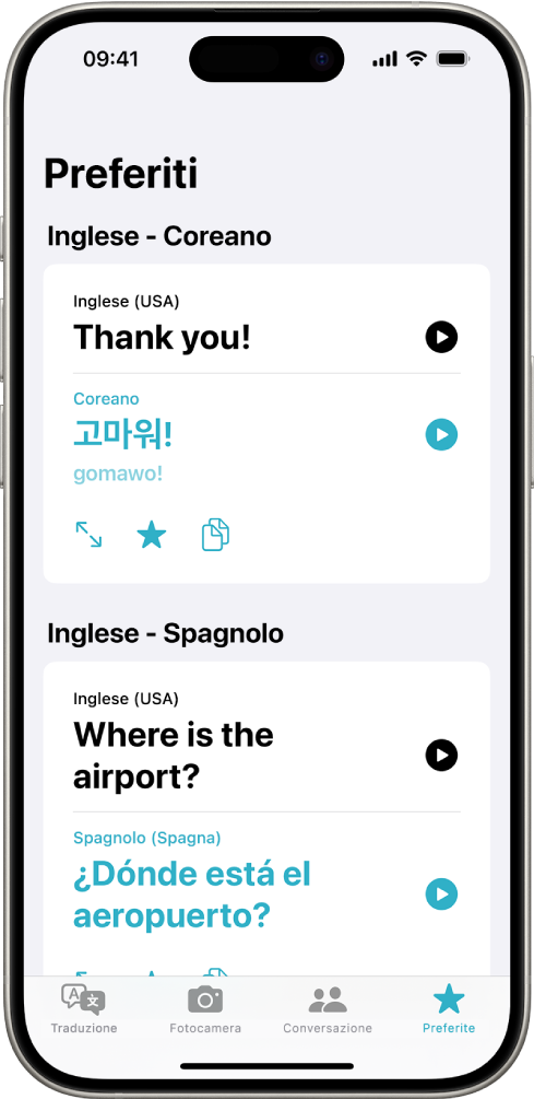 Il pannello Preferite, che mostra due frasi tradotte dall’inglese al coreano e dall’inglese allo spagnolo.
