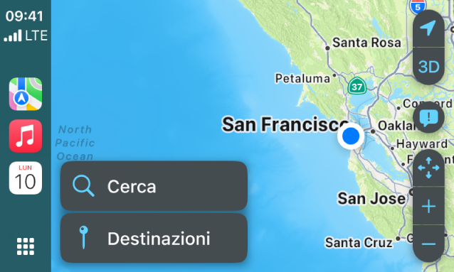 Una schermata di CarPlay che mostra una mappa di San Francisco. Sulla destra sono presenti i pulsanti per la posizione, per il 3D, per segnalare un pericolo e per effettuare lo zoom. In basso sono presenti i pulsanti Cerca e Destinazione.