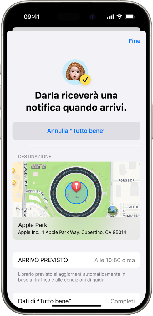 Una schermata di “Tutto bene” che mostra che una persona amica riceverà una notifica tra 14 minuti; sotto sono presenti opzioni per prolungare il tempo o annullare la sessione di “Tutto bene”. In fondo è presente una mappa che mostra la posizione attuale.