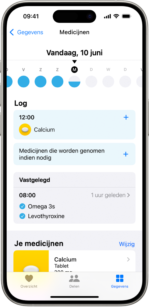 Het scherm 'Medicijnen' in Gezondheid, met de datum en een logbestand voor medicijnen.