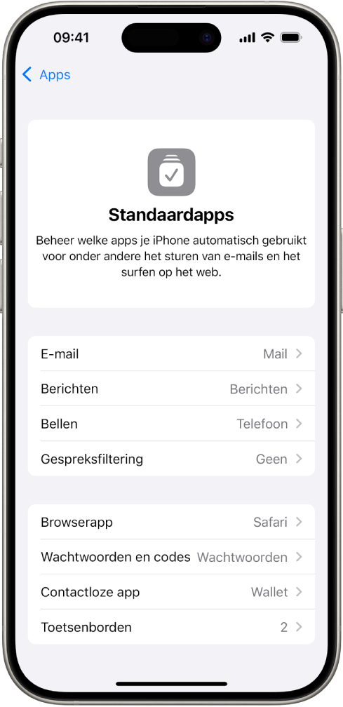 Het scherm waar je de standaardapps instelt om bijvoorbeeld e‑mail te versturen en op het web te surfen.