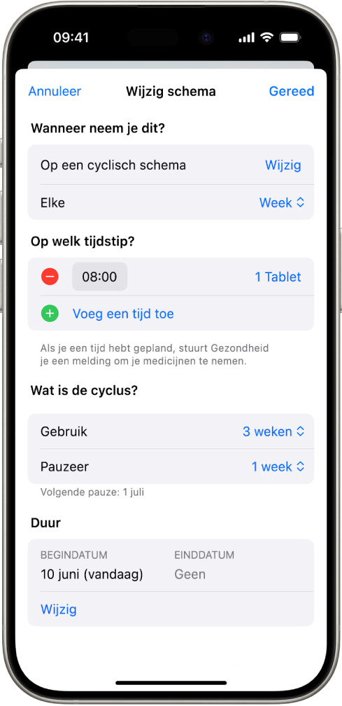 Het scherm 'Medicijnen' in Gezondheid, met opties om het schema voor een medicijn te wijzigen.