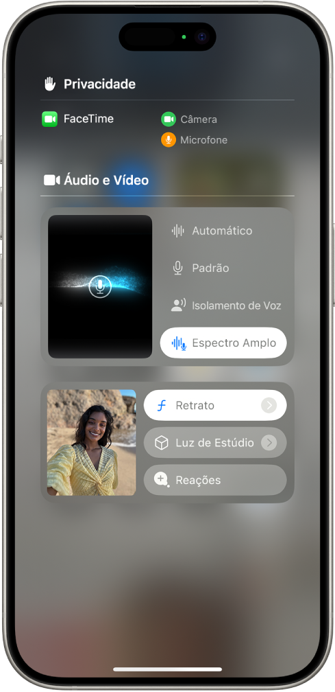 Os ajustes de Efeitos de Vídeo na Central de Controle durante uma ligação do FaceTime. O modo Retrato está ativado e a imagem de quem está ligando aparece em um quadro aumentado com o efeito Retrato de um fundo desfocado e objeto proeminente.