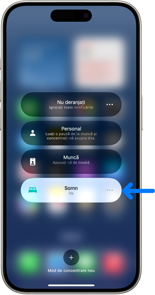 Ecranul Concentrare cu modul de concentrare Somn activat și opțiunile Nu deranjați, Modul de concentrare Personal și Modul de concentrare Muncă dezactivate.