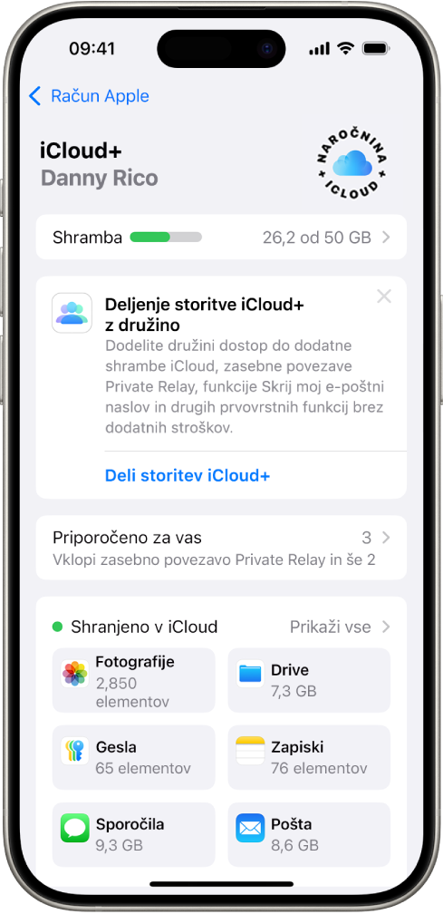 Zaslon z nastavitvami storitve iCloud, na katerem sta prikazana merilnik shrambe iCloud ter seznam aplikacij in funkcij, ki jih lahko uporabljate s storitvijo iCloud.