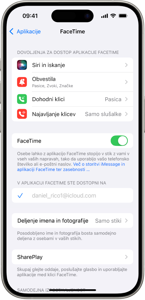 Zaslon Nastavitve aplikacije FaceTime, ki prikazuje stikalo za vklop ali izklop FaceTime in polje z računom Apple za aplikacijo FaceTime.