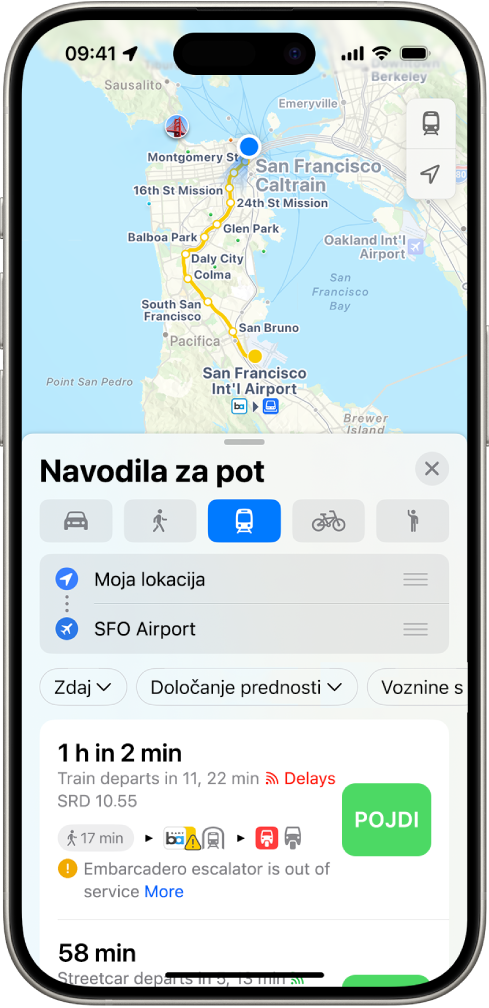 Zemljevid, ki prikazuje tranzitne poti. Kartica načrtovane poti na dnu ponuja podrobnosti o načrtovani poti, vključno s predvidenim časom potovanja in skupnimi stroški. Desno od podrobnosti se prikaže gumb Pojdi.