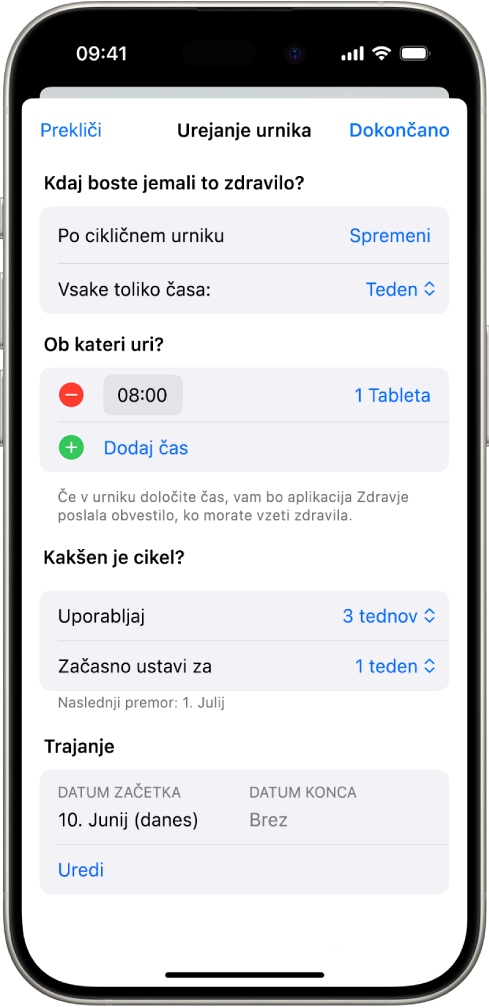 Zaslon Zdravila v aplikaciji Zdravje prikazuje možnosti za spremembo razporeda zdravil.