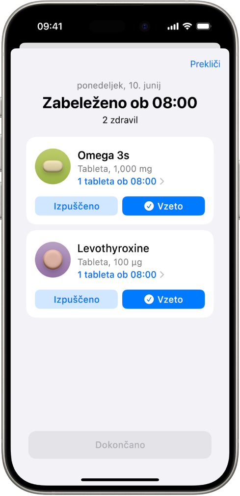 Zaslon Zdravila v aplikaciji Zdravje, ki prikazuje dnevnik zdravil.