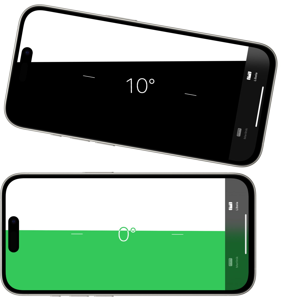 Zaslon ravni v aplikaciji Meritve. Na zgornji strani je iPhone nagnjen pod kotom 10 stopinj, na desni strani pa je poravnan.