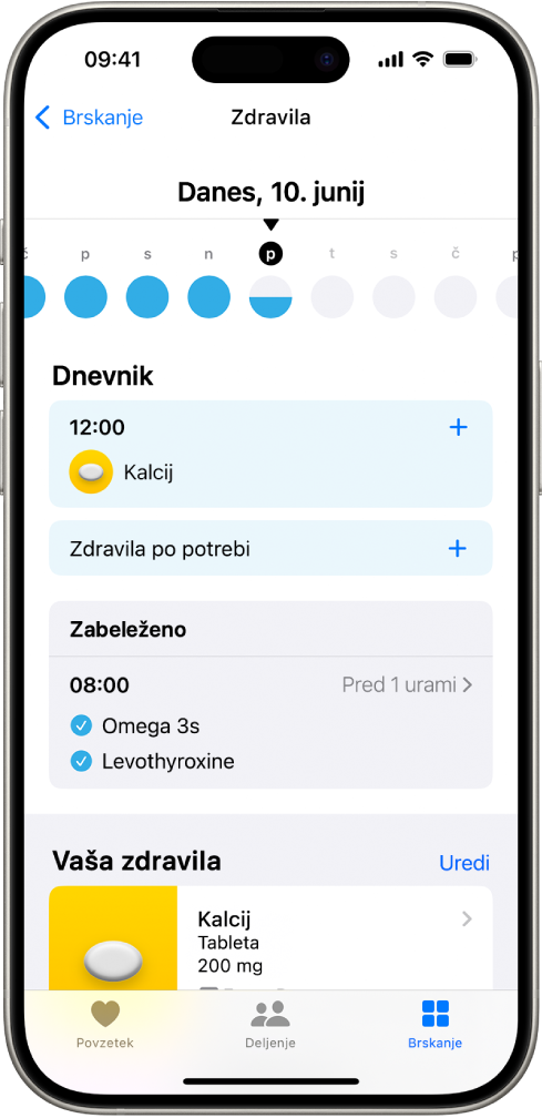 Zaslon Zdravila v aplikaciji Zdravje prikazuje datum in dnevnik zdravil.