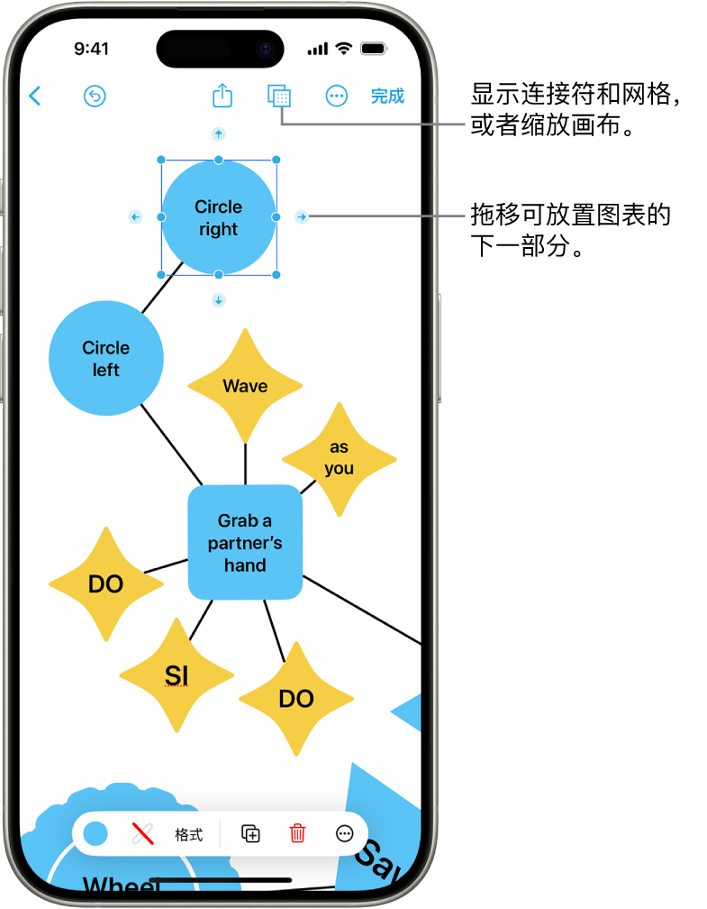 “无边记”看板上的图示，连接符显示在所选形状上，屏幕底部是形状格式化工具。