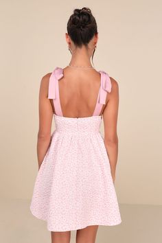 You'll steal hearts left and right in the Lulus Darling Composure Pink Jacquard Floral Tie-Strap Mini Dress! Lightweight, slightly stretchy woven fabric boasts a floral jacquard (as well as tonal bead and sequin accents) as it falls from tying satin shoulder straps. Fitted, seamed cups frame a V-neckline and a high waist, all atop a babydoll-style skirt with mini hem. Hidden layer of tulle for volume. Hidden zipper/clasp at back. Fit: This garment fits true to size. Length: Above mid-thigh. Size Light Pink Dress Casual, Dresses Appropriate, Dress With Beads, Pink Ruffle Dress, Dress Straps, Dress Babydoll, Pink Dress Casual, Babydoll Mini Dress, Light Pink Dress