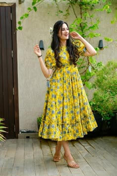 Daisy Yellow Cotton Dress |Radhey's Couture Cotton Fancy Dress, One Piece Dress Back Design, Short One Piece Dress From Old Saree, Cotton Fabric Outfit Ideas, Cotton Frok Suit Designs, Work Frocks For Women, One Piece Frocks For Women, Cotton Gown Designs Casual, New Frock Designs Dresses For Women