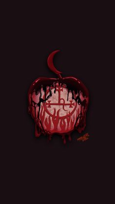 an apple with blood dripping from it on a black background and the moon in the middle