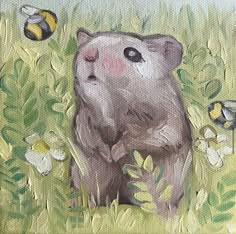 a painting of a rodent in the grass with flowers and bees around it,