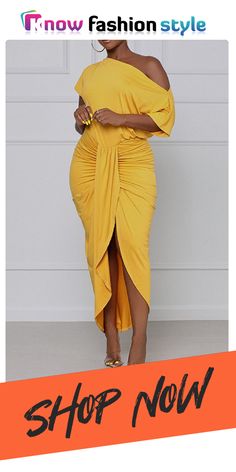 knowfashionstyle Yellow Street Solid Patchwork One Shoulder Waist Skirt Dresses Purple And Gold Dress, Hot Jumpsuits, Pink Swimwear, Dress Sleeve Styles, Red Dress Short, Half Sleeve Dresses, Hip Dress, Hot Dress, Waist Dress