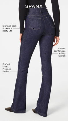 SPANX Flare Denim—shaping, lifting, and elongating like no other. No bulk, all confidence. Ready to upgrade your denim? 👖 Pictures Of Clothes, High Waisted Flare Jeans, Pull On Jeans, Petite Style, Fall And Winter Fashion, Basic Fits, High Waisted Flares, Dark Blue Denim, Style Aesthetic