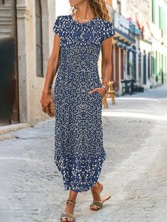 Women's Shift Dress Floral Ditsy Floral Pocket Split Crew Neck Maxi long Dress Daily Date Short Sleeve Summer Spring 2024 - $31.99 Dresses Semi Casual, Summer Modest Dresses, My Style Over 50, Mexican Food Recipes Enchiladas, Womens Sequin Dresses, Vintage Print Dress, Summer Shift Dress, Summer Sundresses, 50 Womens Fashion