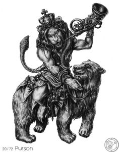 a black and white drawing of a man on a bear with a trumpet in his hand