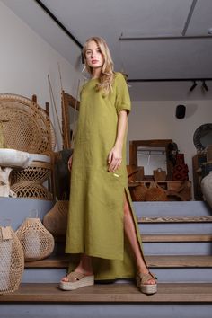 If you want a solid linen dress - that's a choice! Asymmetrical long green color linen dress would make you feel awesome.  This dress is made of 100% washed, natural Baltic linen (EU) GIFT - FREE SHIPPING WORLDWIDE * ENLI5 Linen - it's our family creation... for you with love... _ DESCRIPTION  - made from 100% Baltic linen - asymmetrical length  - dress has two comfortable pockets  - model height is 5.7ft (174 cm.) she wears size M - handmade by ENLI5 Linen family in Lithuania (EU) - Color may vary due to different displays * WHY TO CHOOSE US? Every dress is made individually for our clients. If you need small changes in size, please write us a message and together we would find the solution. Our linen is twice washed, so it gets better shape, stylish wrinkles and  indescribable tenderness Blue Linen Trousers, Maxi Linen Dress, Summer Dress Long, Blue Linen Pants, Linen Summer Dress, Plus Size Summer Dresses, Summer Linen Dresses, Linen Summer, Dress Handmade