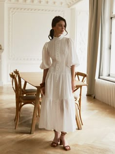 Lightweight midi dress in textured fabric with voluminous sleeves :: LICHI - Online fashion store Summer Modest Dresses, Classy Church Outfits, Modest White Dress, Romantic White Dress, Normcore Outfits, Summer Dresses With Sleeves, Dresses For Church, Linen Wedding Dress, Linen Wedding