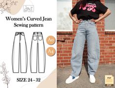 woman's curved jean sewing pattern size 24 - 32