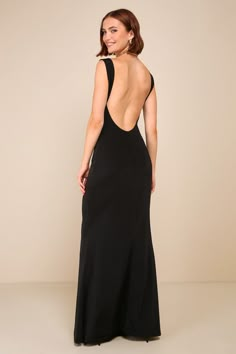 Black Backless Gown - Slinky Knit Gown - Cowl Neck Maxi Dress - Lulus Backless Fitted Dress, Black Velvet Backless Dress, Full Length Formal Dresses, Cool Girl Long Dress, Bare Back Prom Dress, Prom Tight Dress, James Bond Prom Dress, Backless Black Dresses, Black Silk Backless Dress