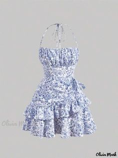 Olivia Mark - Floral Print Halter Neck Tie Waist Sexy A-Line Dress Floral Halter Dress, Cute Dress Outfits, Ruffle Mini Dress, Dream Dresses, Komplette Outfits, Really Cute Outfits, Feminine Look, Dress Inspo, Asymmetrical Dress