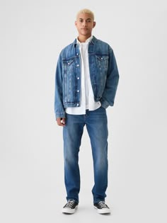 Fit: Slim through the hip & thigh with a straight leg.  Fabric: 12. 5 oz 354 g) stretch denim. ​ Stretch: GapFlex Medium Stretch.  Made for all-day flexibility & ease. ​Looks authentic.  Feels lived in.  Won't stretch out. ​ Look: A five-pocket  jean in assorted washes.  ​ Details: Zip fly & five-pocket styling. ​ Responsibly Made: This pair of jeans is part of our water-saving Washwell program.  Compared with conventional wash methods, Washwell uses at least 20% less water and has saved over a Denim And Diamonds Party Outfit Men, Men’s Denim Outfit, Straight Cut Jeans Outfit Men, Denim Outfit Party, Denim On Denim Photoshoot, Denim On Denim Outfit Men, Straight Cut Jeans Outfit, Denim And Diamonds Party Outfit, Cool Guy Style