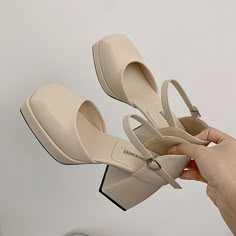 Material: Vegan Leather Pretty White Shoes, Cream Heels, Jeans Patchwork, Dr Shoes, Elegant Heels, Coffee Cream, Cream Shoes, Fancy Shoes, Cute Heels