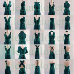 many different pictures of green dresses on mannequins