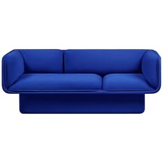 a blue couch sitting on top of a white floor next to a pile of gold coins