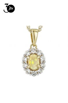 7x5mm Oval Ethiopian Opal With 0.77ctw Round White Zircon 18k Yellow Gold Over Sterling Silver Pendant With 18" Singapore Chain. Measures Approximately 0.79"L x 0.40"W. Accent Stones Primarily Zircon. Lobster Claw Clasp. 2" Extender. Honey Colour, Pendant With Chain, Ethiopian Opal, Sterling Silver Pendant, Lobster Claw, Sterling Silver Pendants, Silver Pendant, Singapore, 18k Gold