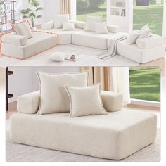 two pictures of a living room with couches and pillows on the floor, in front of a window