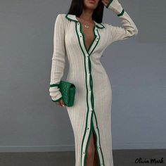 Olivia Mark - Tailored Collar Spliced Long Sleeve Cardigan Fashion Dress Long Cardigan And Dress, Robes Glamour, Date Outfit Ideas, Robes D'occasion, Straight Clothes, Gilet Long, Maxi Cardigan, Cottagecore Fashion, Elegant Party Dresses