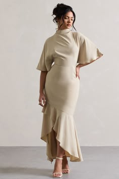 Lavinia | Champagne High-Neck Flutter-Sleeve Asymmetric Maxi Dress Collared Formal Dress, Womens Elegant Dresses, Semi Formal Modest Dresses, Mid Length Mother Of The Bride Dresses, Long Sleeve Satin Bridesmaid Dress, After 5 Wedding Attire Guest Dress Codes, 100% Polyester Fabric, White Long Sleeve Graduation Dress, Fall Wedding Guest Dress With Sleeves