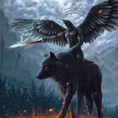 an angel riding on the back of a wolf