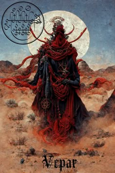 a painting of a demon in the desert with a full moon behind it and words written below