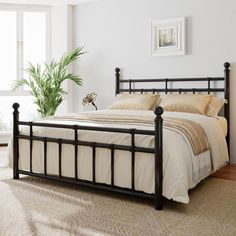 a bedroom with a bed, rug and potted plant