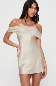 An off-the-shoulder neckline frames your face in this lightly ruched minidress made from slinky satin and perfect for date night. Hidden side-zip closure Off-the-shoulder neck Short sleeves Partially lined 100% polyester Hand wash, dry flat Imported Homecoming Dresses Champagne, Semi Sorority Dresses, Hoco Dresses Coquette, Cocktail Mini Dresses, Champagne Short Dresses, Formal Mini Dress Classy, Champagne Dress Outfit, Champagne Dress Short, Homecoming Dresses 2024