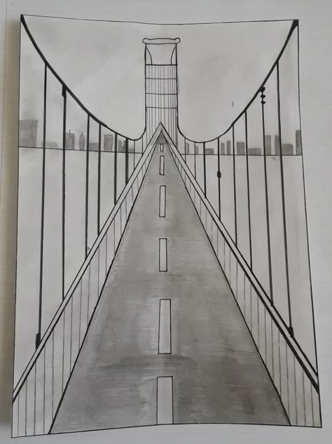 Pencil Drawings Easy Sketches Landscape, One Point Perspective Drawing Reference, First Point Perspective Drawing, One Point Perspective Bridge, Landscape Depth Drawing, Drawing Architecture Easy, City Scape Drawing Easy, Drawing Sketches Landscape, Perspective Art Landscape