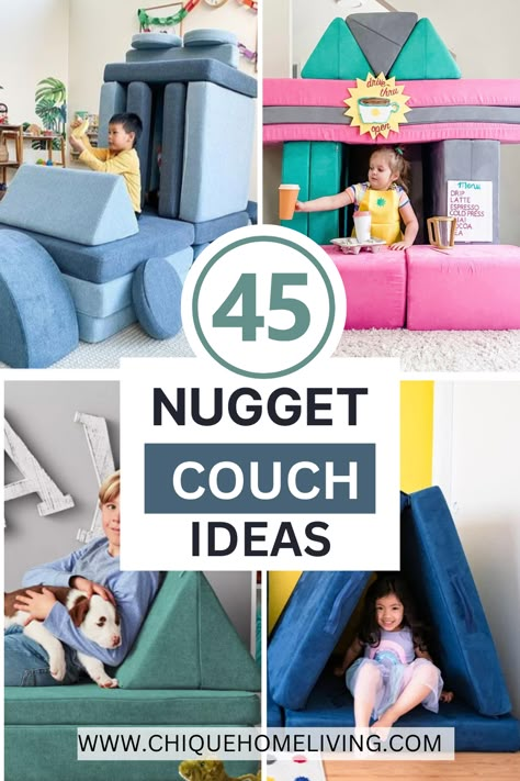 Nugget Couch Family Room, Cushy Couch Ideas, Nugget Couch House, Nugget Couch And Chunk Ideas, Kiddie Couch Ideas, Costco Nugget Couch Ideas, Nugget Couch Movie Night, Two Play Couch Builds, Nugget Couch Fort Ideas