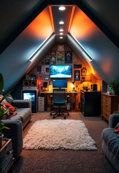 Small attic room ideas Attic Man Cave Ideas Small Spaces, Low Ceiling Storage Ideas, Low Ceiling Attic Living Room, Attic Ceiling Design, Gaming Room Attic, Open Attic Ideas, Attic Gaming Room Ideas, Game Room Attic, Man Cave Attic Ideas