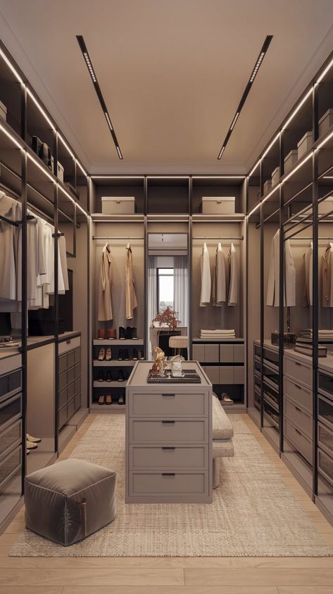 Organised Walk In Wardrobe, House Design Walk In Closet, Organic Modern Dressing Room, Contemporary Walk In Closet Design, Walk In Cupboard Ideas Bedrooms, His And Her Closets Side By Side, Closet Designs Walk In Master, Box Room Closet Walk In, Aesthetic Walk In Wardrobe